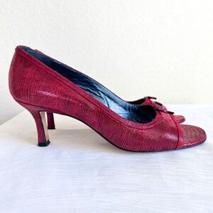 Vintage Red Leather Snake/Animal Peep Toe Kitten Heel Pumps by STUDIO DELMAN